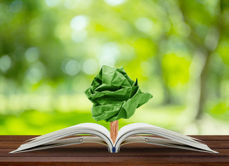 Tree paper growing from book on table, concept conservation of the environment, environmental...