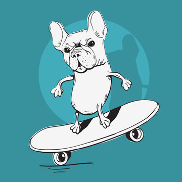 French Bulldog Make A Balance With A Skateboard Cartoon Sketchy Illustration.