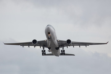 takeoff of a wide-body aircraft from the airport / takeoff moment / cloudy sky on background