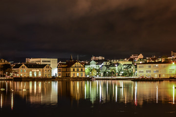 Reykjavik city seen from the pond at night