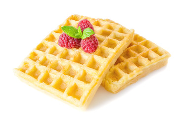 Sweet toast waffles breakfast with raspberries and with sprig of mint leaves macro close-up isolated on white background