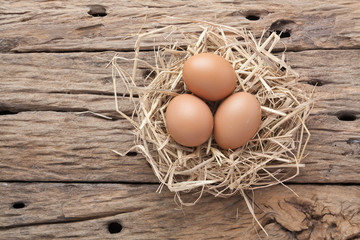 egg in hay nest on old wooden