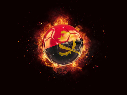 Football in flames with flag of angola