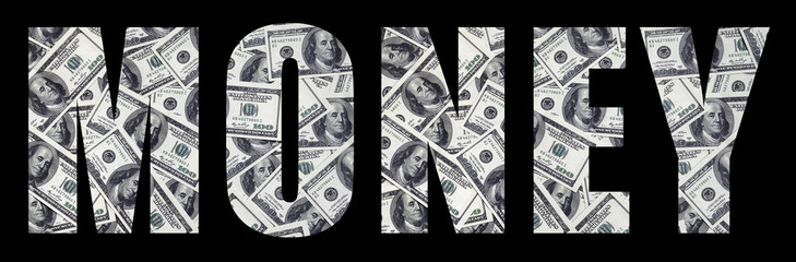 The inscription "Money" on a black background. A pattern from the set of scattered dollar bills as a filling character