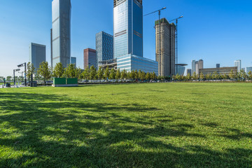 Fototapeta na wymiar cityscape and skyline of Tianjin from meadow in park