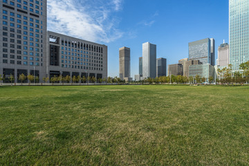 Fototapeta premium cityscape and skyline of Tianjin from meadow in park