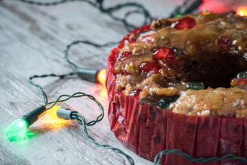 Christmas fruitcake with Christmas lights