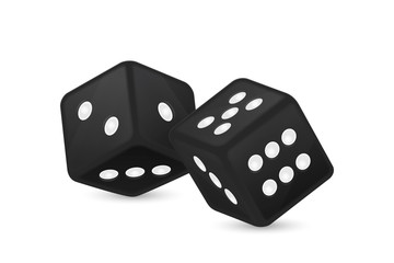 Vector illustration of black realistic game dice icon in flight closeup isolated on white background. Casino gambling design template for app, web, infographics, advertising, mock up etc