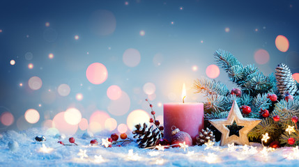 Red Candle With Christmas Decoration - obrazy, fototapety, plakaty
