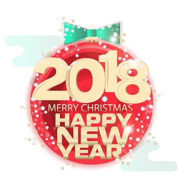 Poster or postcard New Year theme. Written on the banner Happy New Year, Merry Christmas. Icon with a picture of a yellow Christmas glass ball