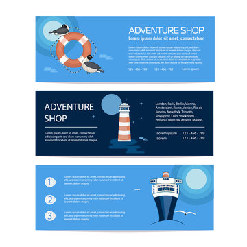 A banner or flyer template selling a journey or a marine  trip. An advertising leaflet offering a sea tour or a trip to the coast. Sale of sea or river cruise. Vivid picture, vector image