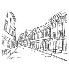 Old city street in hand drawn line sketch style. Old city landscape. Vector illustration.