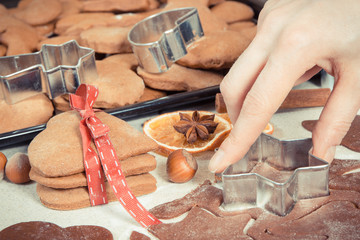 Vintage photo, Fresh baked gingerbread or cookies for Christmas time and accessories for baking