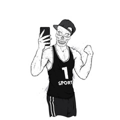 Skull with a beautiful male body. The sports guy strained his biceps and makes a selfie. Vector illustration.