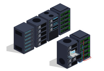 Isometric 3D vector illustration concept server room data center set collection