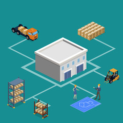 Isometric 3D vector illustration warehouse with a forklift, goods and people.