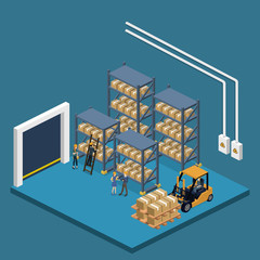 Isometric 3D vector illustration warehouse with a forklift, goods and people.