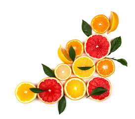 Isolated citrus fruits. Pieces of lemon, lime, pink grapefruit and orange isolated on white background, with clipping path. Top view