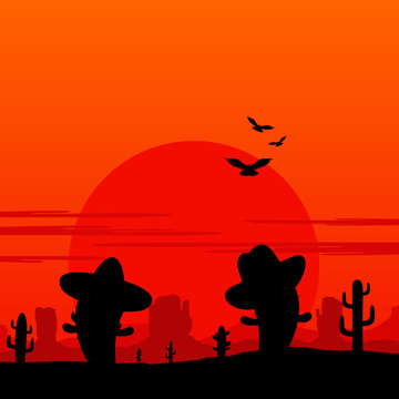 Cowboy and Mexican Cactus Landscape Silhouette