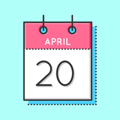 April Calendar Icon. Flat and thin line vector illustration. Spring calendar sheet on light blue background. April 20th. World secretary day