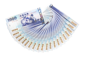 A lot of 1000  New Taiwan Dollars bill on white background 