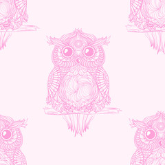 Owl. Seamless pattern. Design Zentangle. Hand drawn abstract patterns on isolation background. Design for spiritual relaxation for adults. Line art creation. Zen art. Decorative style