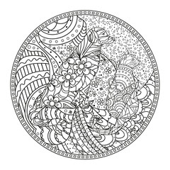 Mandala with dog and cat. Zentangle. Hand drawn circle zendala. Abstract patterns on isolation background. Design for spiritual relaxation for adults. Zen art. Line art creation