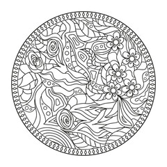 Mandala. Line background. Hand drawn lines. Hair texture. Monochrome wave pattern. Doodle for design. Illustration for coloring. Design for spiritual relaxation for adults. Black and white wallpaper
