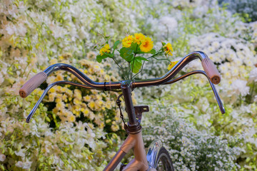 Fototapeta na wymiar Ancient bicycle shapes and backdrop with flowers are very beauti