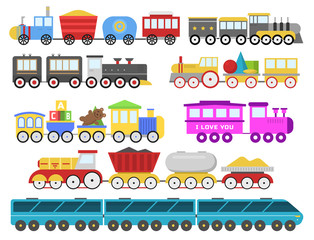 Cartoon toy train vector railroad and cartoon carriage game fun leisure joy gift locomotive transportation.