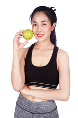 fitness woman with green apple isolated on white background