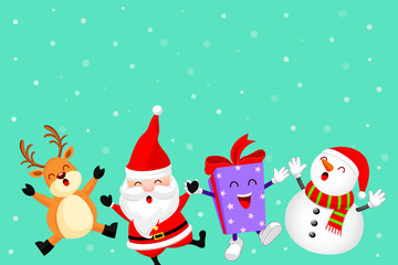 Funny Christmas Characters design with snow, Santa Claus, Snowman, gift box and Reindeer. Merry Christmas and Happy new year concept. Illustration isolated on green background.