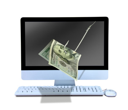 Online Phishing Metaphor Represented With One Hundred Dollar Bill Money On Fish Hook Coming Out Of Computer To Catch You In A Fake  Or Misleading Offer Or Cash Making Scheme Seeking Personal Info.