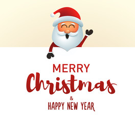 Fototapeta na wymiar Cute and cheerful santa claus character holding a merry christmas and happy new year message. Vector illustration. Feel free to replace the text with your own.