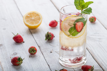 Strawberry juice and lemon soda juice mixed with soda