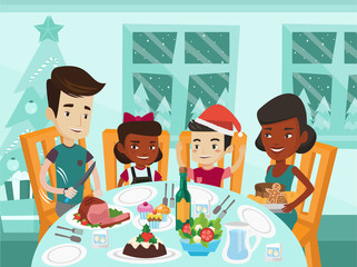 Happy multiethnic family of four celebrating Christmas day at festive table. Cheerful african-american mother and caucasian white father with their biracial kids having Christmas dinner at home.