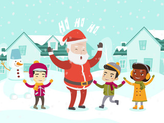 Fototapeta premium Happy Santa Claus with a group of multiethnic children having fun outdoors on a snowy winter day
