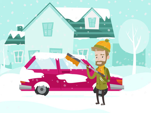 Young caucasian white man cleaning his car window from snow and ice with a brush on the street in the winter. Man removing snow from car with the help of special broom. Vector cartoon illustration.