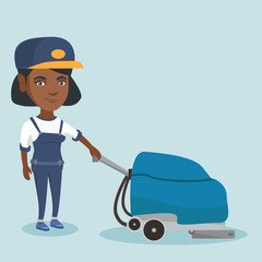 Young african-american cleaner cleaning the store floor with a cleaning machine. Worker of supermarket cleaning service. Vector cartoon illustration. Square layout.