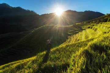 Foto auf Acrylglas Mu Cang Chai Undefinierte vietnamesische Hmong-Kinder, die den Traum in der Reisterrasse zeigen, wenn die Sonnenuntergangszeit mit Lens Flare im Mam Xoi des Distrikts Mu Cang Chai, Provinz Yenbai, nordwestlich von Vietnam, liegt.