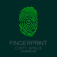 Fingerprint scan set with Power icon symbol concept idea illustration isolated on dark green background, and Fingerprint text with copy space