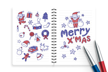 Notebook and pens with kid boy hand drawing set, Happy New Year symbol icon concept idea illustration isolated on white background, with copy space