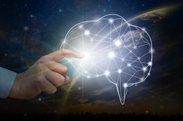 Hand touching the technology brain over the Part of earth with sun rise over the Milky Way and cityscape background, business innovation and technology concept,Elements of this image furnished by NASA