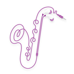 Earphones, In Ear type purple color Saxophone shape made from cable isolated on white background, with copy space