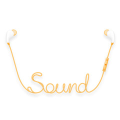 Earphones wireless and remote, In Ear type yellow orange color and Sound text made from cable isolated on white background, with copy space