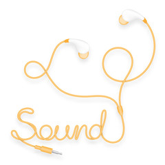 Earphones, In Ear type yellow orange color and Sound text made from cable isolated on white background, with copy space