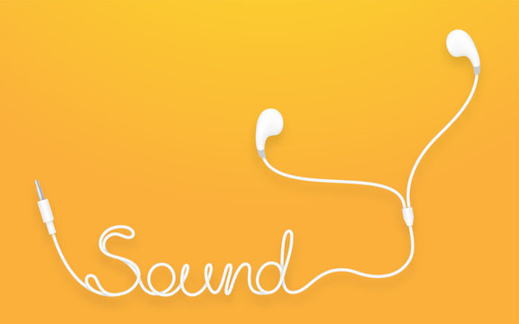 Earphones, Earbud type white color and Sound text made from cable isolated on yellow orange gradient background, with copy space