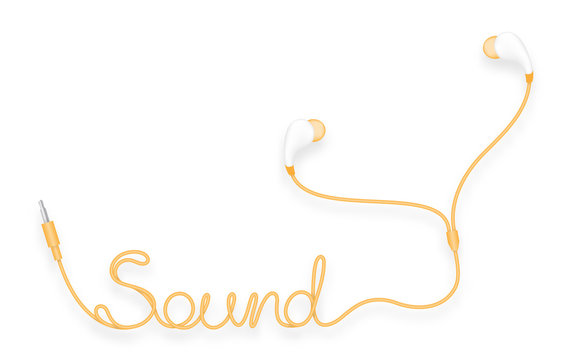 Earphones, In Ear type yellow orange color and Sound text made from cable isolated on white background, with copy space