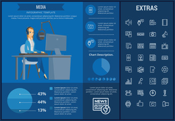 Media infographic template, elements and icons. Infograph includes customizable graphs, charts, line icon set with social media, user profile, broadcast media, music record, telecommunication etc.