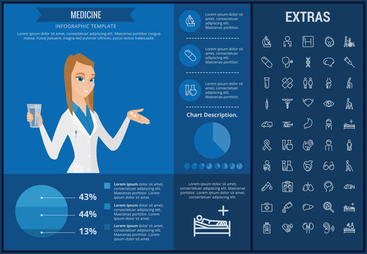 Medicine infographic template, elements and icons. Infograph includes customizable graphs, charts, line icon set with medical stethoscope, disable person, hospital doctor, nurse, first aid kit etc.